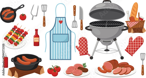 BBQ Grill Cooking Vector Illustration Set with Sausages, Meat, Skewers, Apron, Barbecue Tools, and Outdoor Picnic Food Elements