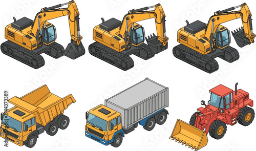 Isometric construction machinery set with excavators dump truck cargo truck wheel loader heavy equipment industrial vehicles vector illustration collection