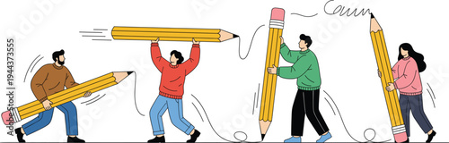 Creative People Drawing with Giant Pencil Vector Illustration Set with Characters Writing, Sketching, and Creating Ideas for Education and Design Concepts