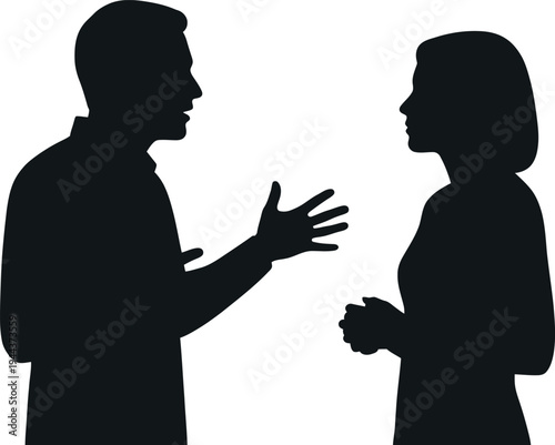 Two silhouettes engaged in a serious conversation with expressive gestures Vector
