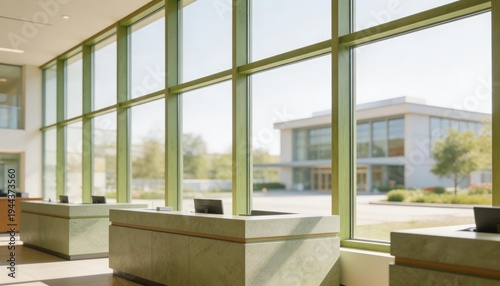 Medium shot highlighting large daylightfilled windows with greencertified materials in a standalone bank building background details softly blurred.