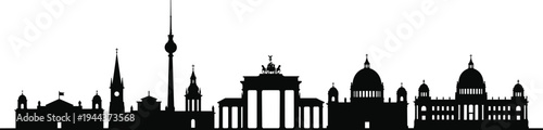 Silhouette of Berlin city skyline featuring Brandenburg Gate, TV Tower, Berlin Cathedral domes, and spires representing German cultural landmarks
