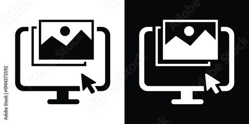 Digital icon showing a computer monitor with a landscape image being selected by a mouse cursor. Ideal for graphic design, photo management, and web interaction concepts.
