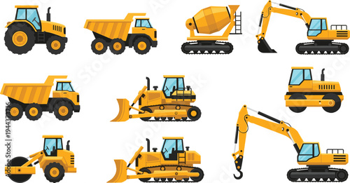 Isometric construction machinery vehicles set including excavator bulldozer dump truck tractor road roller concrete mixer heavy equipment vector illustration