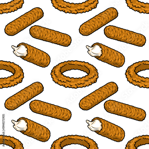Crispy golden fried onion rings and mozzarella sticks vector pattern