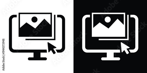 Digital icon showing a computer monitor with a landscape image being selected by a mouse cursor. Ideal for graphic design, photo management, and web interaction concepts.