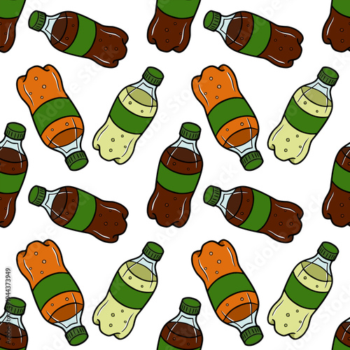 Seamless vector pattern of various soda bottles, refreshing drinks in cartoon style
