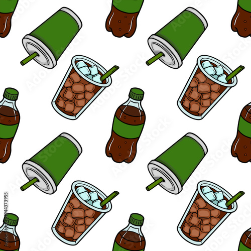 Seamless vector pattern of refreshing cola drinks in bottles and cups with ice cubes