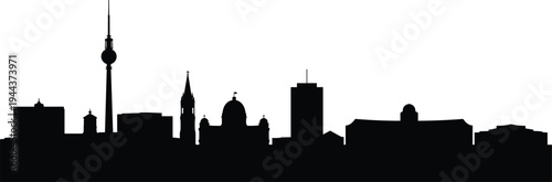 Silhouette of Berlin city skyline featuring TV Tower, Berlin Cathedral, domes, spires, and modern high-rise buildings representing German landmarks