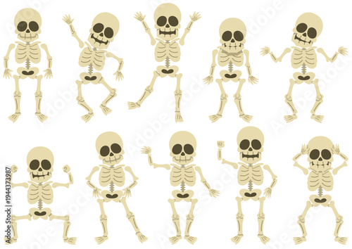 コミカルなガイコツのキャラクターのポーズセット