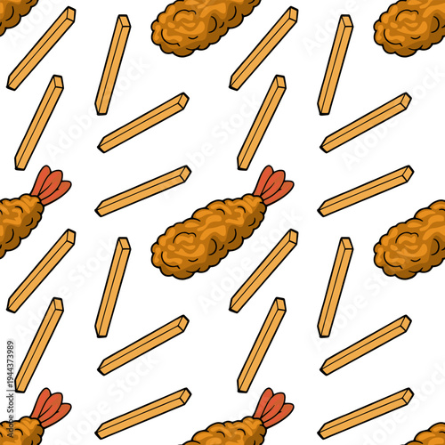 Seamless vector pattern of crispy fried shrimp and golden french fries on white background