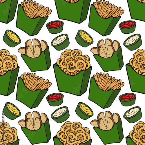 Seamless vector pattern of delicious french fries, curly fries, potato wedges, and dipping sauces.