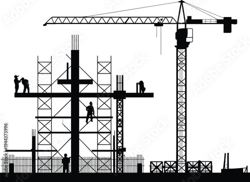 Silhouette of construction site with workers, scaffolding, tower crane, and building framework representing civil engineering and infrastructure development