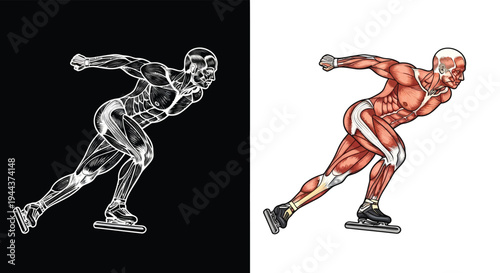 Detailed anatomical illustrations of a speed skater's muscular system, showing both outline and colored representations for scientific and athletic study.