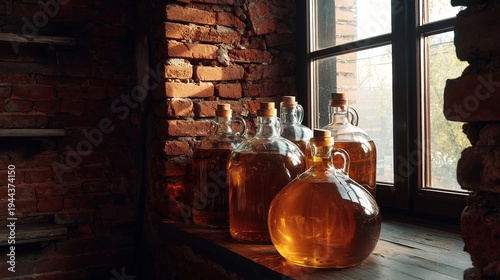 carboys. Several glass carboys containing amber liquid in a rustic distillery corner, moody atmosphere. bar promotions, beverage menus, designed for food & beverage menus and cafe branding.