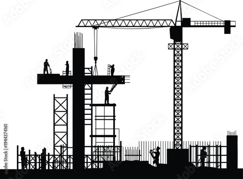 Silhouette of construction site with workers, scaffolding, tower crane, and structural framework representing modern building and infrastructure development