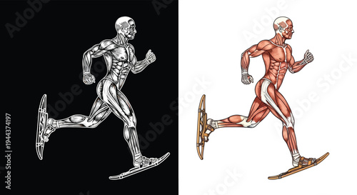 Anatomical illustration of a human figure with visible muscles running on snowshoes, presented in both grayscale and color versions.