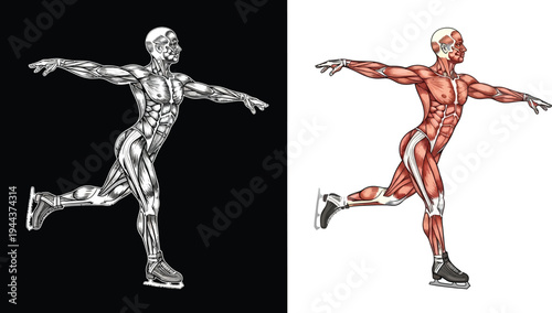 Detailed anatomical illustration of a figure skater's muscles and skeleton in a dynamic pose, showing human body structure.