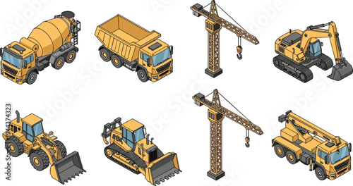 Isometric construction vehicles set with concrete mixer dump truck tower crane excavator bulldozer loader and mobile crane heavy machinery