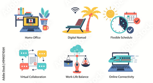 Modern remote work concepts with flexible schedules and work-life balance
