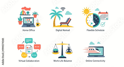 Modern remote work concepts with flexible schedules and work-life balance
