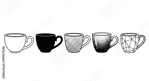 row of five different textured coffee mug icons featuring outline solid crosshatch and geometric styles