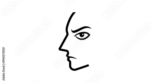 Minimalist Profile of a Determined Man's Face, Black Line Art on White Background