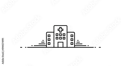Modern Hospital Building Icon with Cross Symbol, Medical Healthcare Clinic Line Art