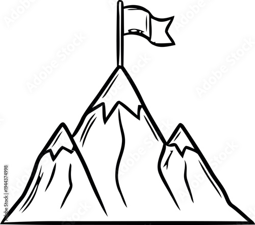A black and white illustration of a mountain peak with a flag on the summit. Vector