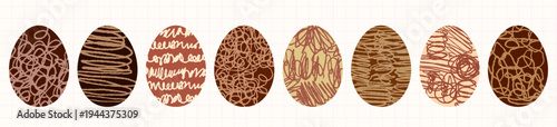 Vector chocolate Easter doodle eggs, fun hand drawn decorated scribble egg shapes for spring designs, collages and invitations