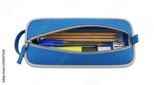 Blue and white pencil case with stationery inside isolated on a transparent background zipper