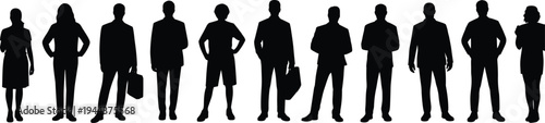 Silhouette of diverse business professionals standing together, holding briefcases, in formal attire representing teamwork, corporate identity, and workplace diversity