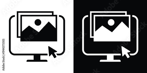 Vector icon of a computer monitor displaying a landscape photo with a mouse cursor arrow. Minimalist UI design for digital photography, image editing, and web browsing.