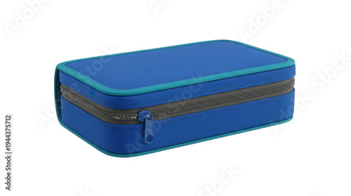 Blue stationery pencil case with teal zipper and gray accents isolated on a transparent background