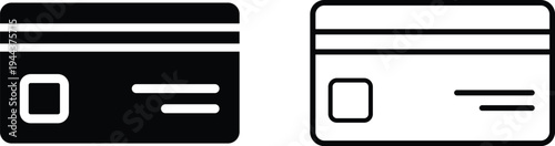 Credit card icon set with chip, minimalist solid and outline payment vector symbols