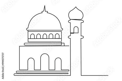 Mosque icon in a minimalist continuous one line art drawing