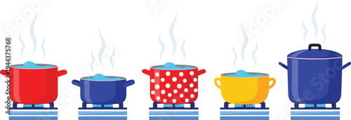 Cooking Pots on Stove Collection with Boiling Water and Steam Colorful Kitchen Cookware Vector Illustration Set