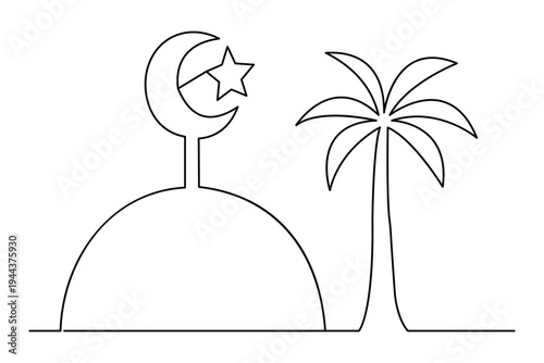 Mosque dome with crescent moon star and palm tree one line art