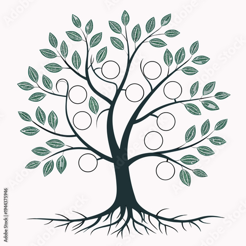 Family tree with green leaves branches roots