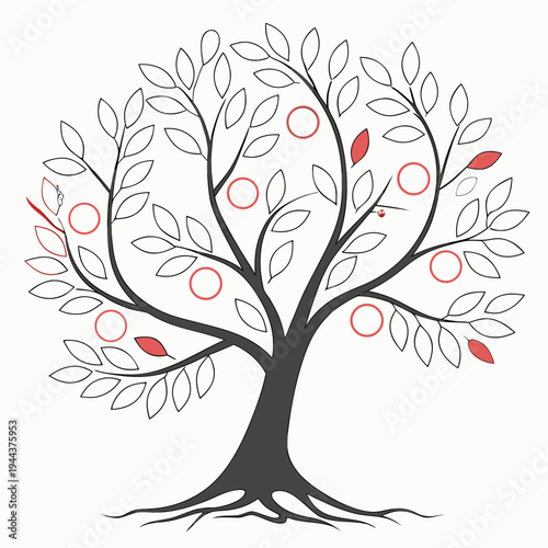 Tree with red and gray leaves red leaves branches white background