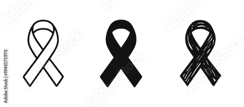 Awareness Ribbon Icon Set - Black Ribbon Symbol for Support and Campaigns in Outline, Solid, and Doodle Styles