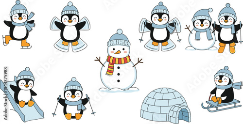 Cute Winter Penguin and Snowman Collection with Skiing, Sledding, Ice Skating and Igloo Cartoon Vector Illustration Set