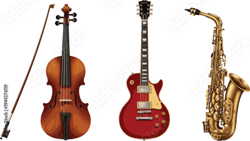 Realistic Musical Instruments Set with Violin and Bow, Electric Guitar, and Saxophone Isolated on White Background for Music, Concert, and Orchestra Design