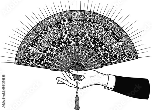 Hand Holding Ornate Spanish Folding Fan Vintage Engraving Style Vector Illustration with Floral Lace Pattern for Flamenco Dance, Cultural Fashion, and Decorative Design