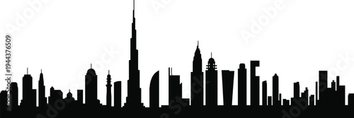 Silhouette of Dubai city skyline with iconic Burj Khalifa skyscraper and modern urban architecture representing metropolitan design and global identity