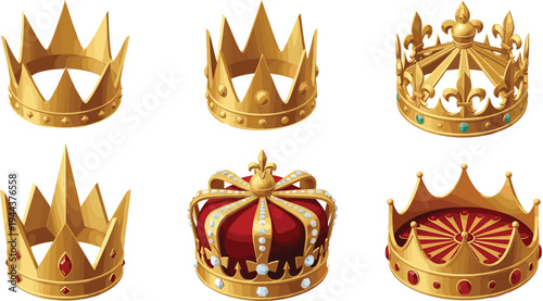 Golden Royal Crown Collection with Jewel Details and Ornate King Queen Diadem Vector Illustration Set