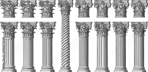 Classic Corinthian Columns Collection with Ornate Capitals and Fluted Pillars Architectural Engraving Style Vector Illustration Set