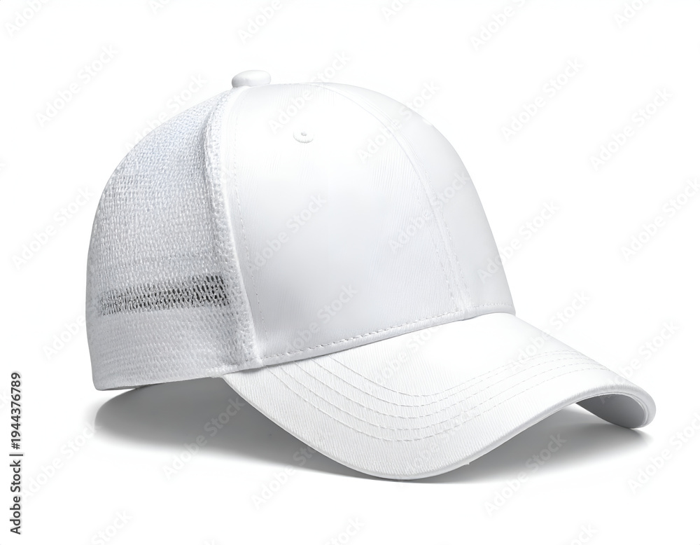 Fototapeta premium A clean white baseball cap with a mesh back