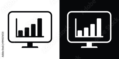 Vector icon of a computer monitor displaying a rising bar graph. Represents business analytics, financial growth, data visualization, and performance tracking in a minimalist style.