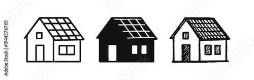 House with Solar Panels Icon Set - Eco-friendly Home and Sustainable Living Symbol in Various Styles